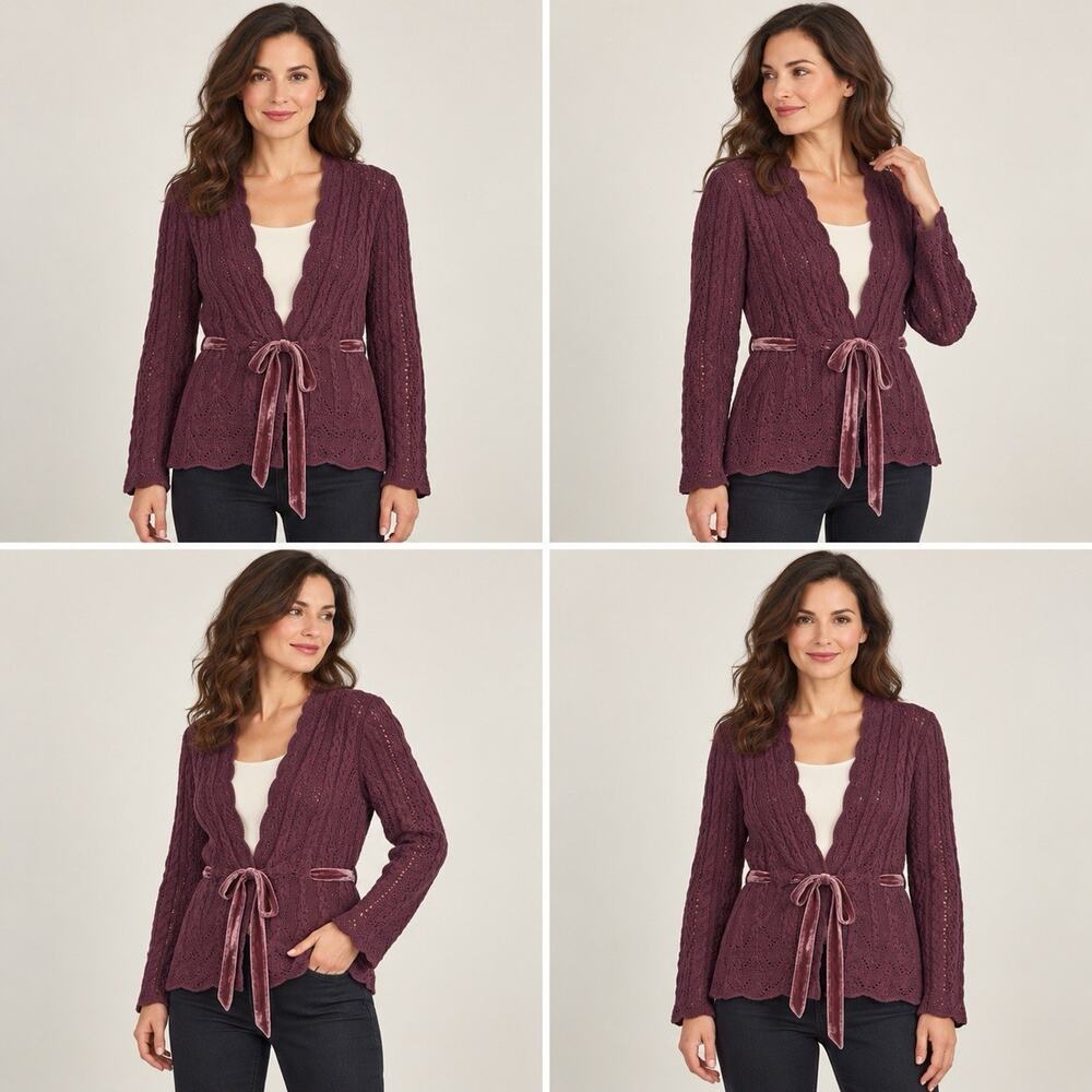 Lauren Ralph Lauren Cardigan Womens Petite L Burgundy Cable Knit Velvet Belt